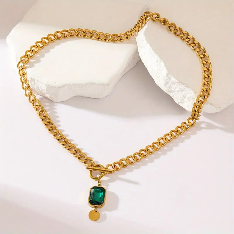 Gold and Emerald Pendant Necklace with Thick Chain