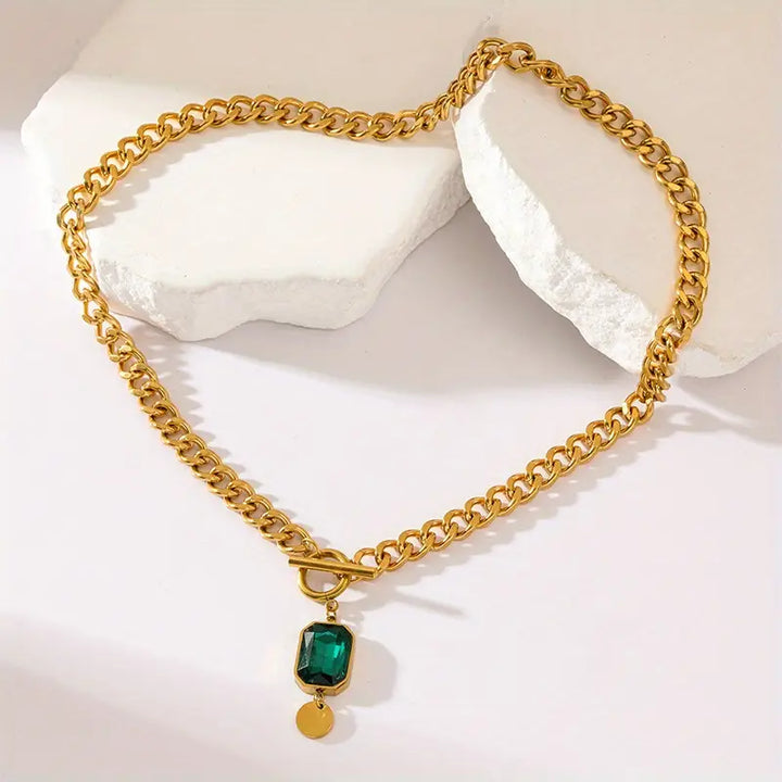Gold and Emerald Pendant Necklace with Thick Chain