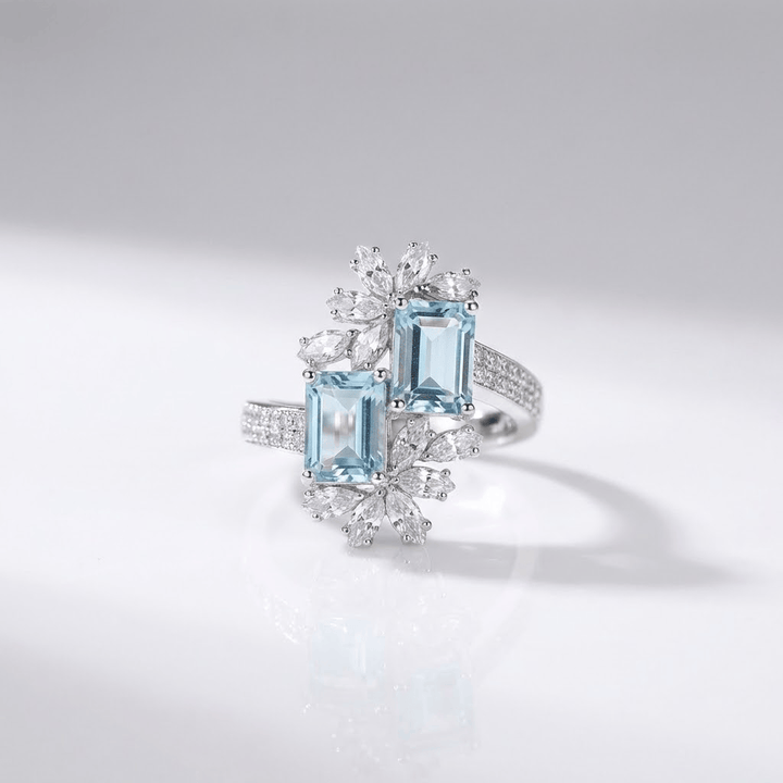 SILVER RING WITH AQUAMARINE CRYSTAL - (ADJUSTABLE)