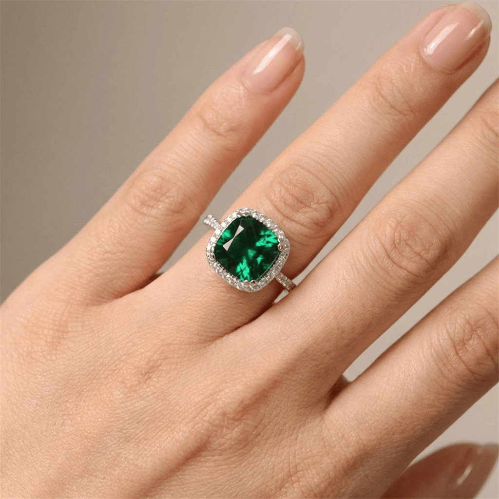 HALO RING WITH GREEN EMERALD CUSHION