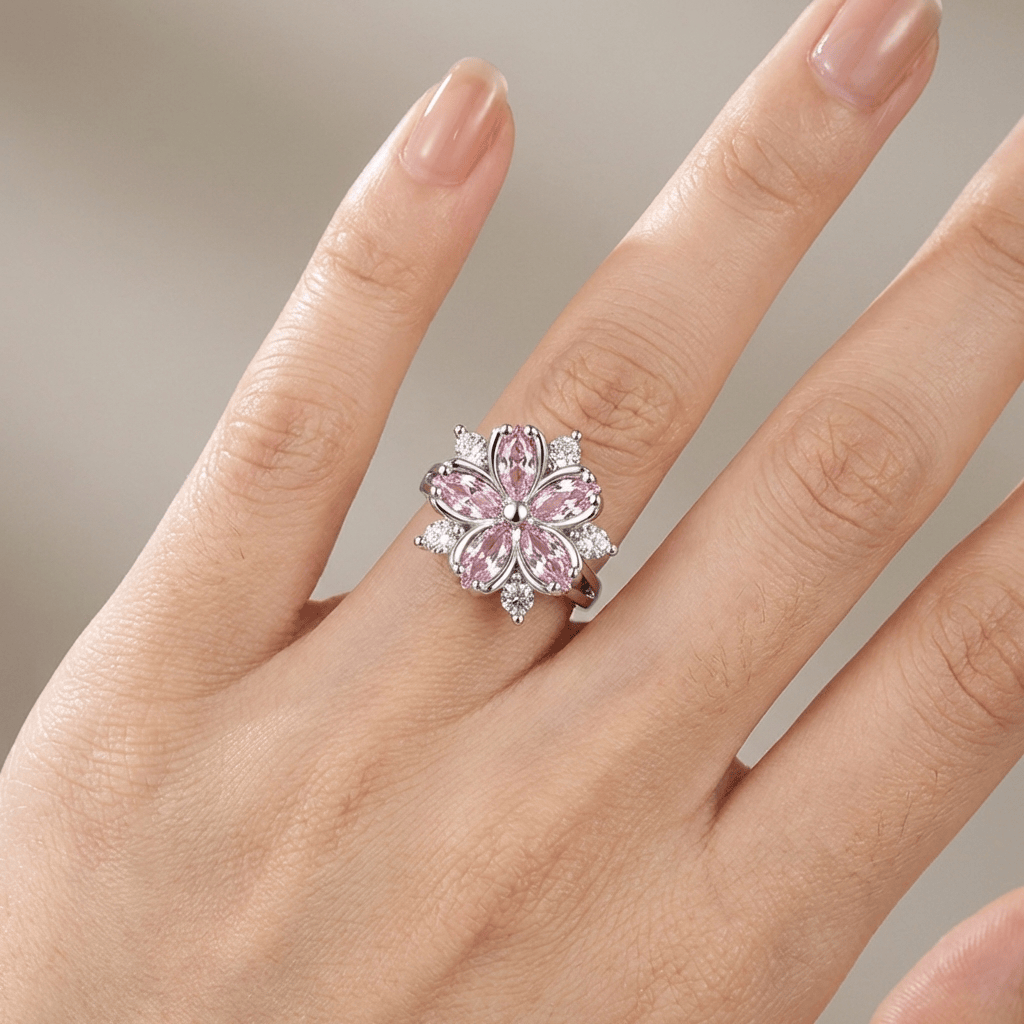 PINK CHERRY BLOSSOM CRYSTAL RING - (ADJUSTABLE)