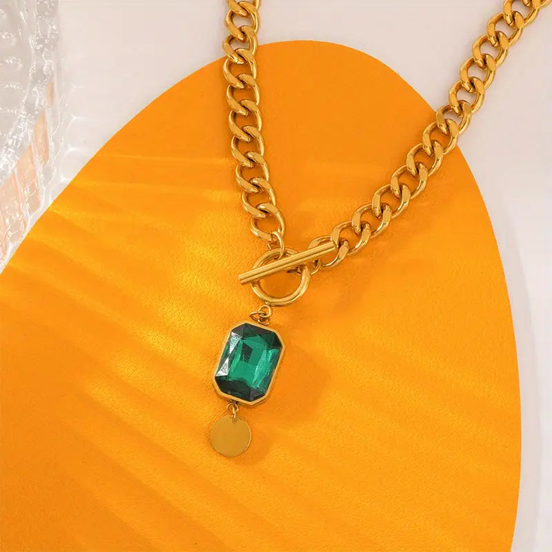 Gold and Emerald Pendant Necklace with Thick Chain