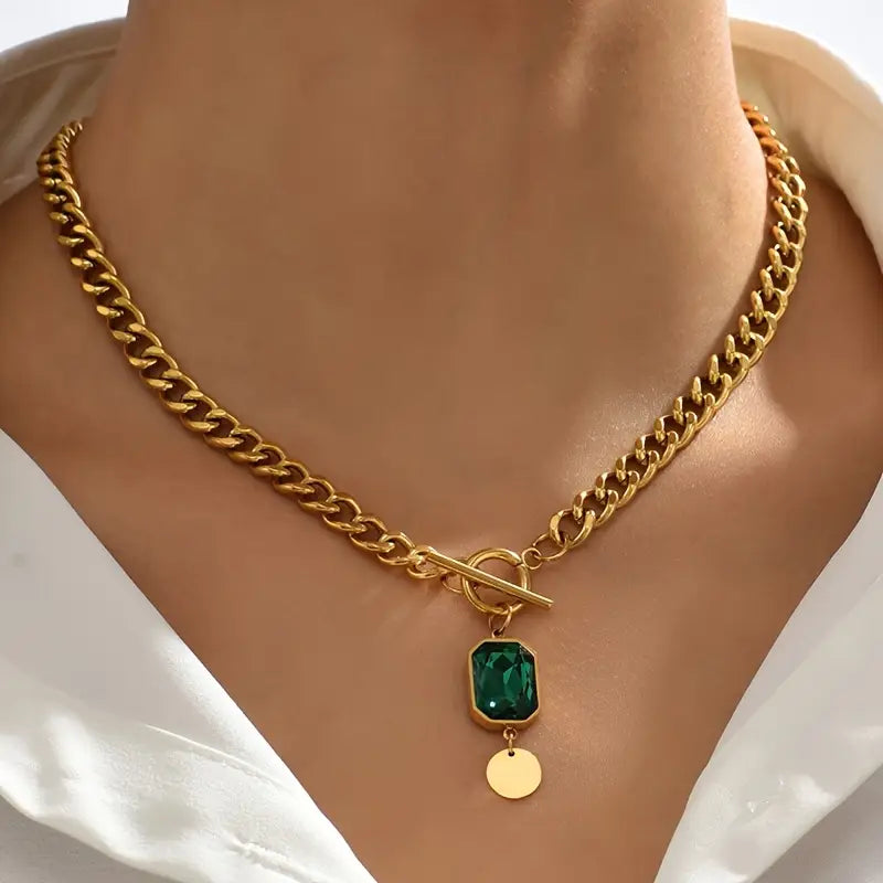 Gold and Emerald Pendant Necklace with Thick Chain