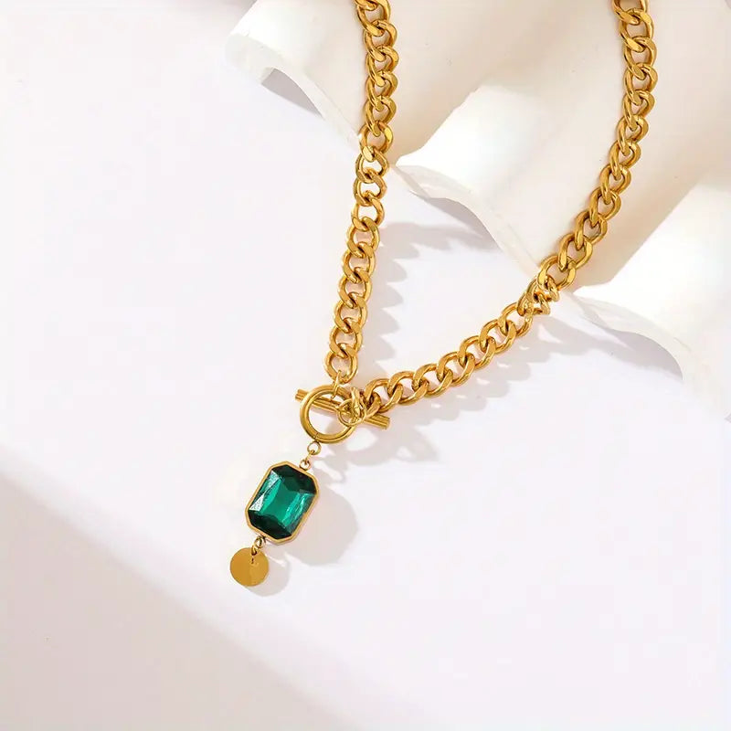 Gold and Emerald Pendant Necklace with Thick Chain