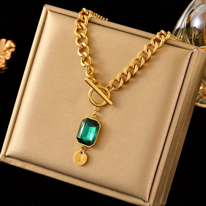 Gold and Emerald Pendant Necklace with Thick Chain