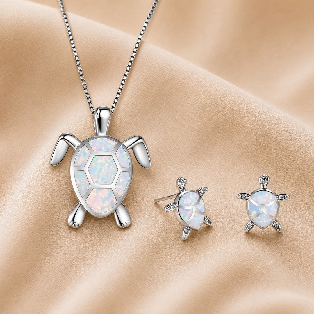 Sea Turtle Necklace and Earrings in Opal and Silver