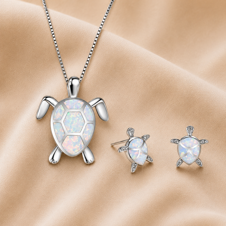 Sea Turtle Necklace and Earrings in Opal and Silver