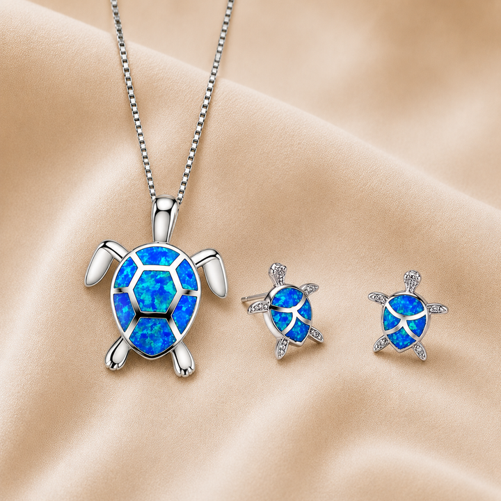 Sea Turtle Necklace and Earrings in Opal and Silver