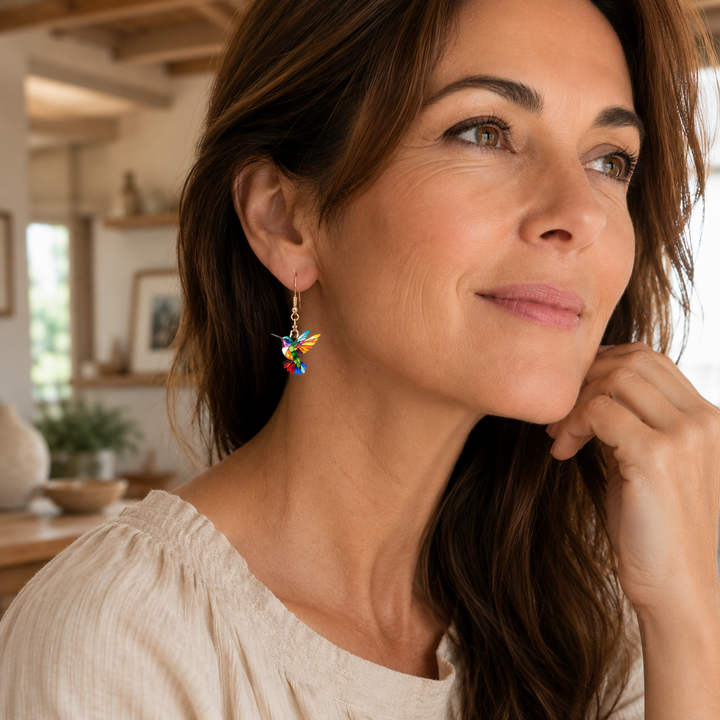 Acrylic Hummingbird Drop Earrings – Bright 2D Bird Design
