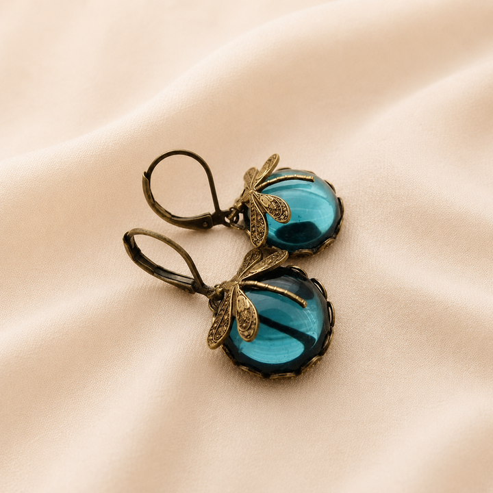 Spherical Dragonfly Earrings in Antique Gold