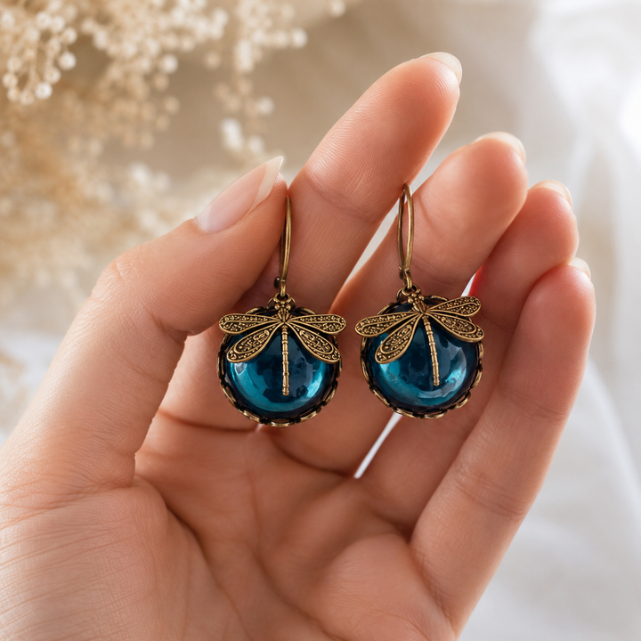 Spherical Dragonfly Earrings in Antique Gold