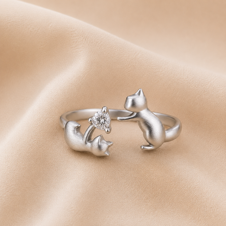 Playful Adjustable Cat Ring in Sterling Silver with Zirconia
