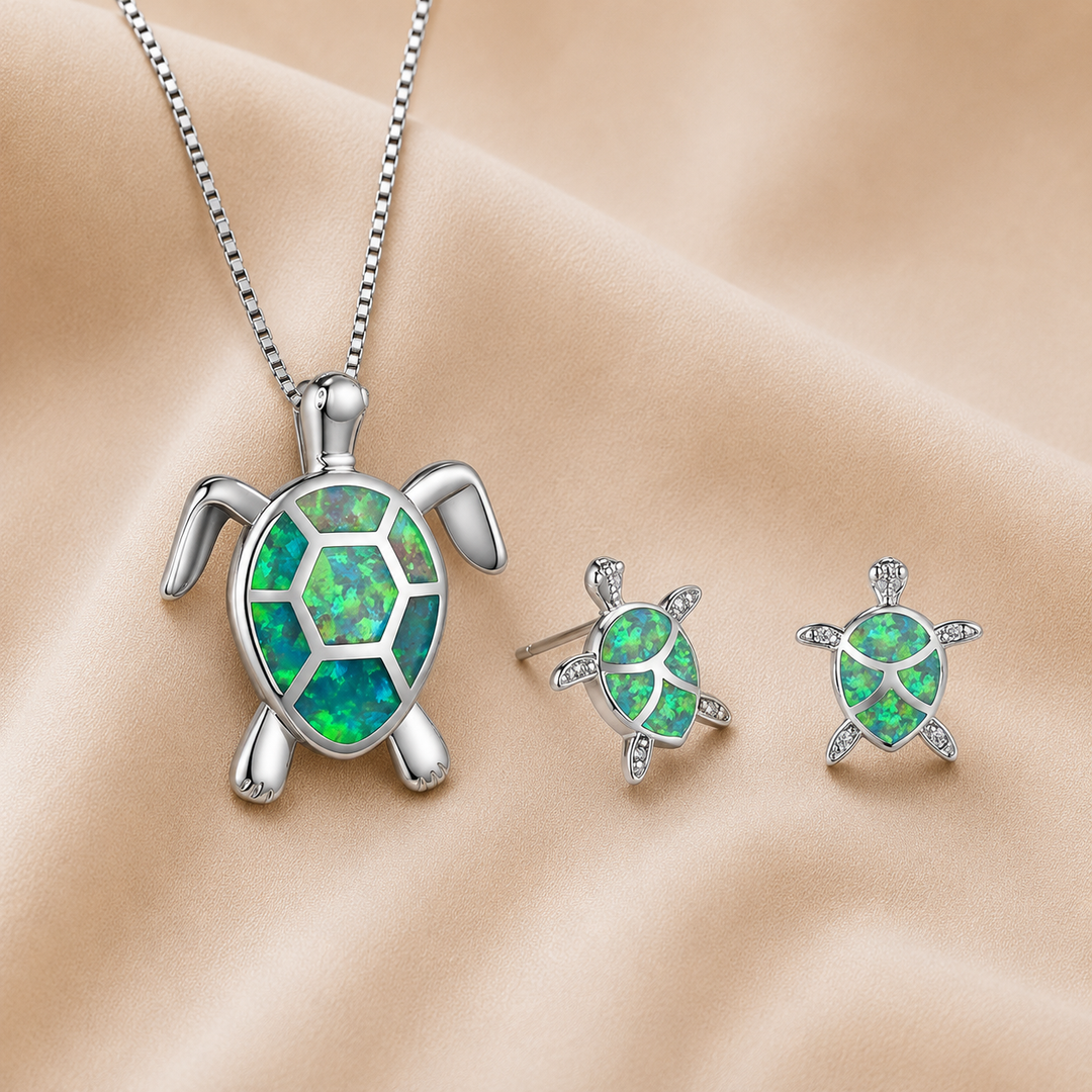 Sea Turtle Necklace and Earrings in Opal and Silver