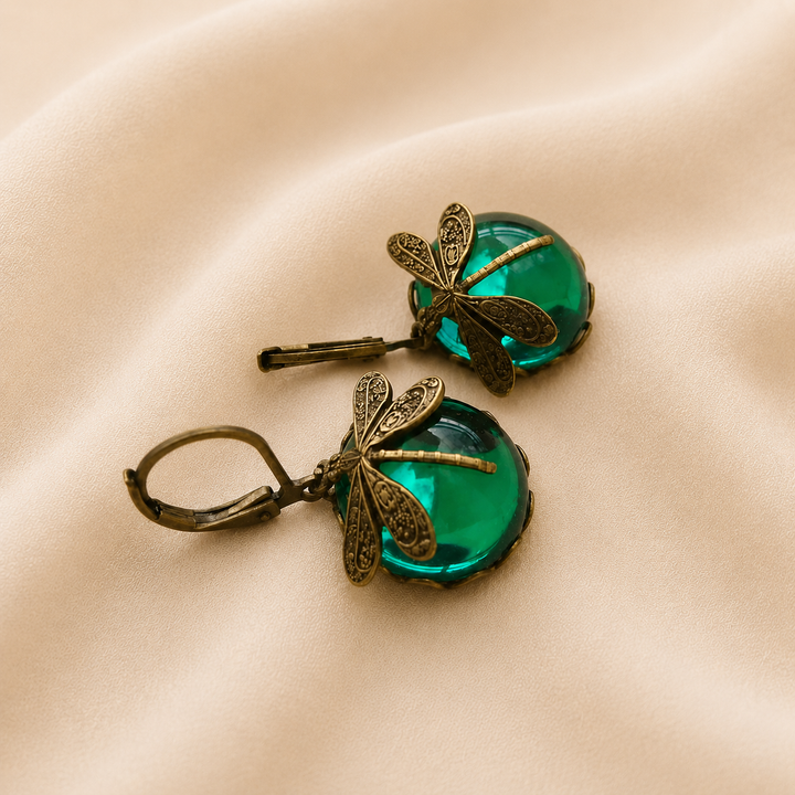 Spherical Dragonfly Earrings in Antique Gold