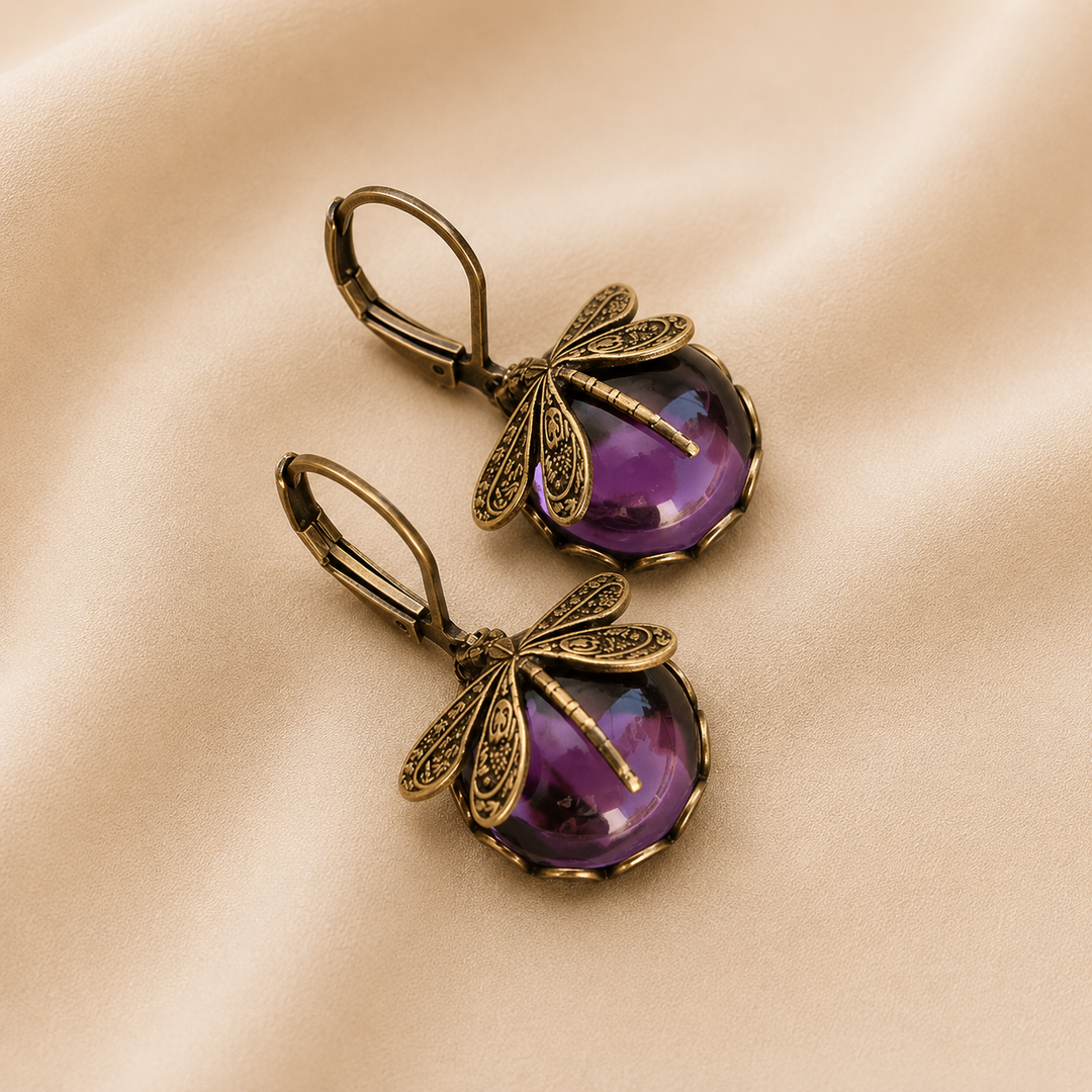 Spherical Dragonfly Earrings in Antique Gold